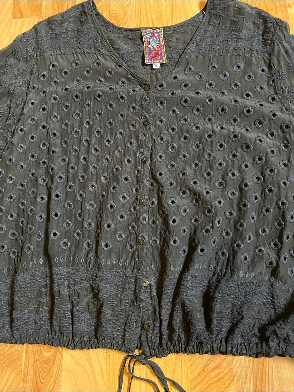 Johnny Was Black Eyelet Button Front Drawstring Peasant Blouse - Picture 3 of 10
